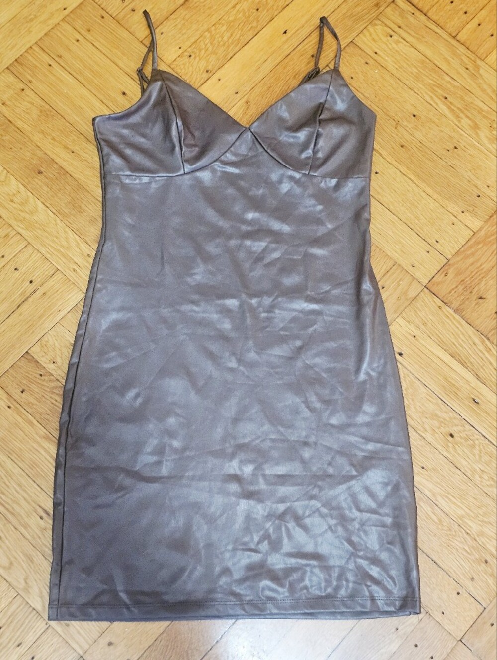 Ambiance Faux Leather Adjustable Spaghetti Strap  Mini Dress Size M Brown Y2K